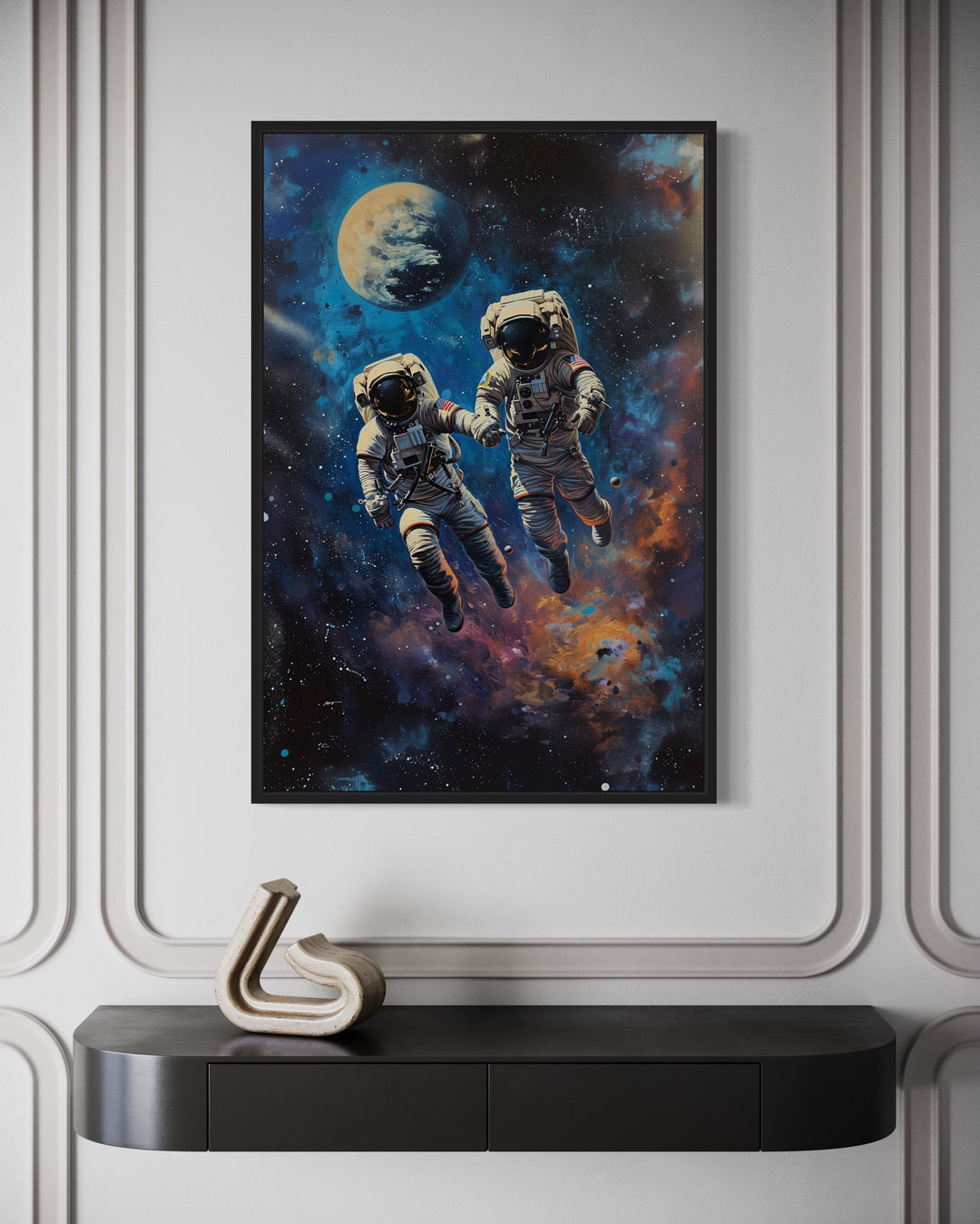 Two Astronauts Couple In Space Graffiti Romantic Framed Canvas Wall Art