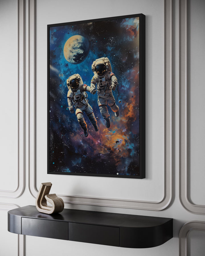 Two Astronauts Couple In Space Graffiti Romantic Framed Canvas Wall Art