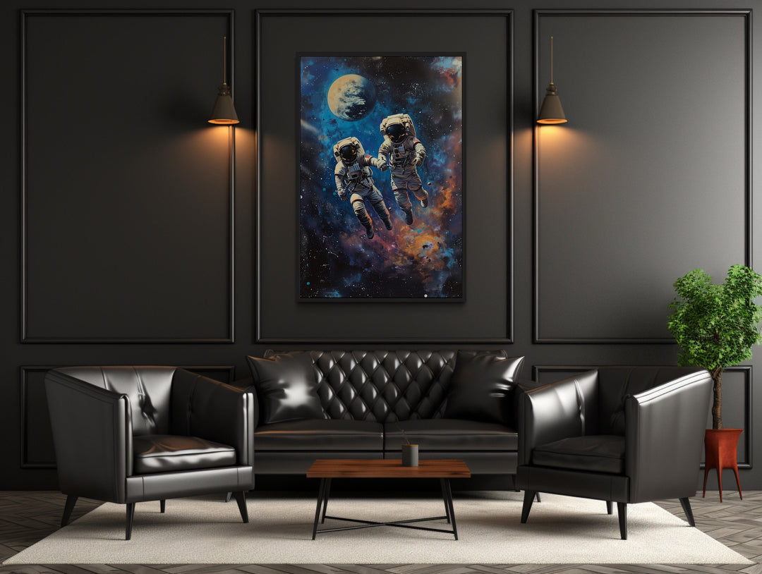 Two Astronauts Couple In Space Graffiti Romantic Framed Canvas Wall Art