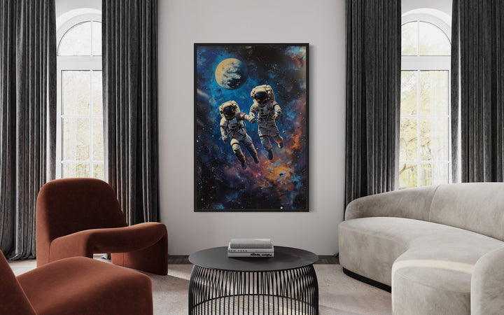 Two Astronauts Couple In Space Graffiti Romantic Framed Canvas Wall Art