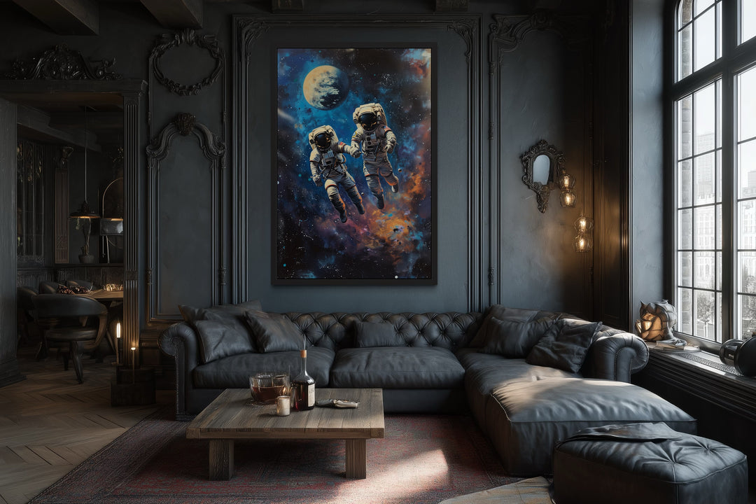 Two Astronauts Couple In Space Graffiti Romantic Framed Canvas Wall Art