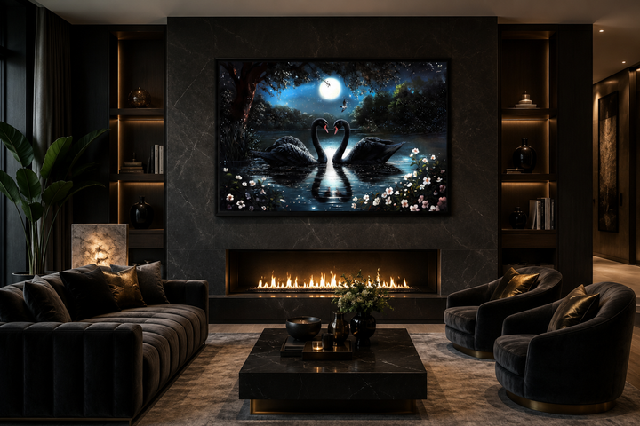 Framed canvas art of two black swans on a moonlit lake above a fireplace in a modern living room.