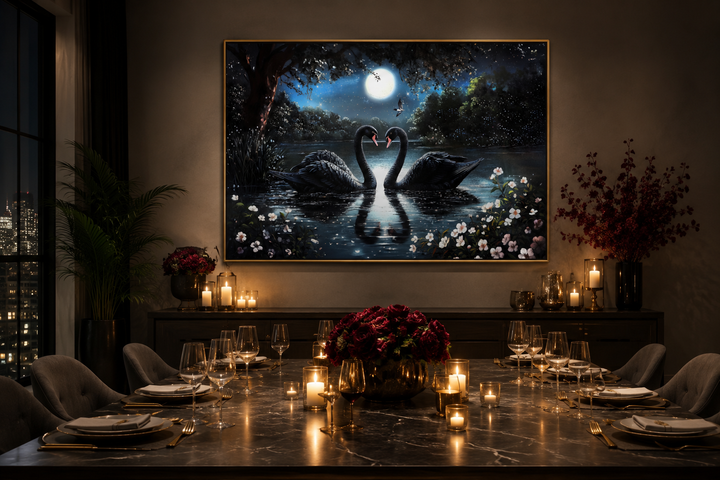 Framed canvas wall art of two black swans on a moonlit lake above a set dining table.