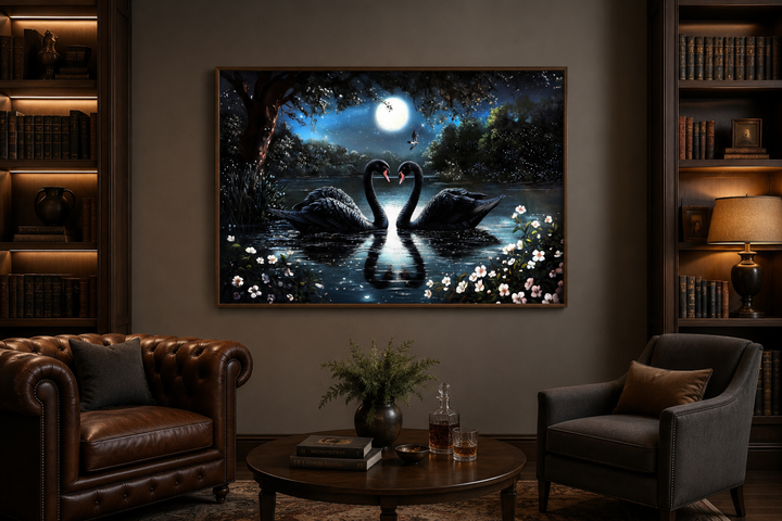 Framed canvas wall art of two black swans on a moonlit lake in a cozy, dark-toned living room.
