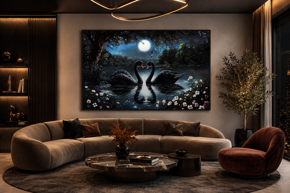 Framed canvas art of two black swans on a moonlit lake above a modern curved sofa in a living room.