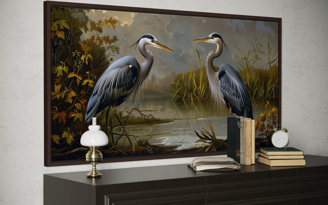 Two Blue Herons On The Lake Framed Canvas Wall Art
