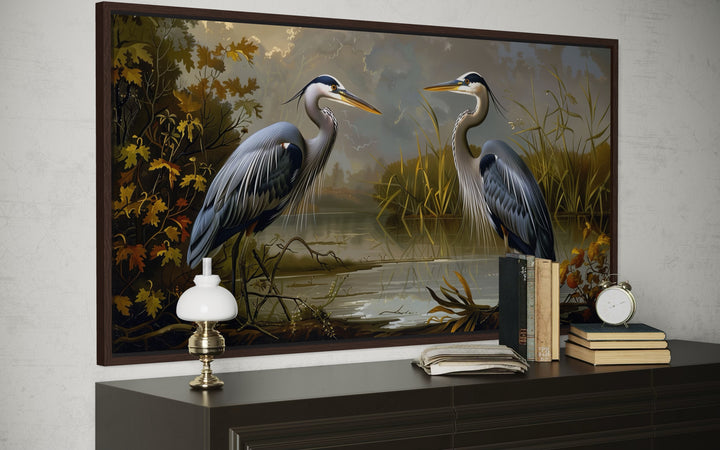 Two Blue Herons On The Lake Framed Canvas Wall Art