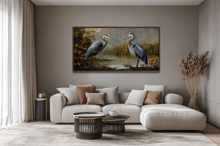 Two Blue Herons On The Lake Framed Canvas Wall Art
