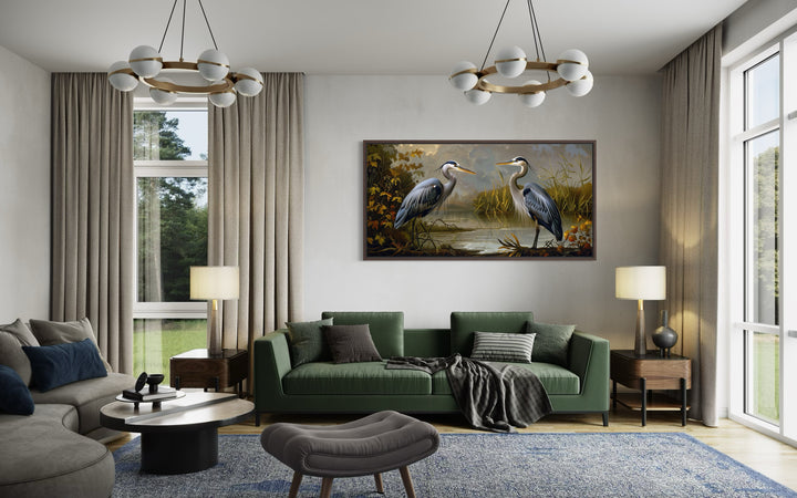 Two Blue Herons On The Lake Framed Canvas Wall Art