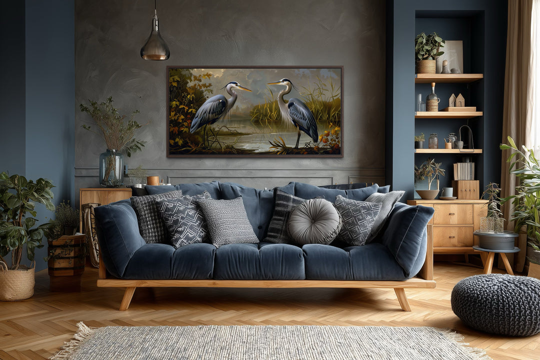 Two Blue Herons On The Lake Framed Canvas Wall Art