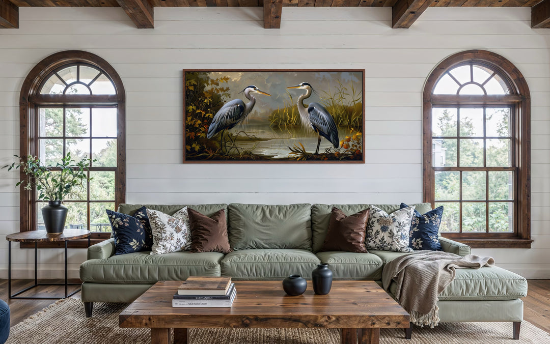 Two Blue Herons On The Lake Framed Canvas Wall Art