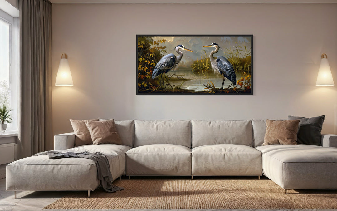 Two Blue Herons On The Lake Framed Canvas Wall Art