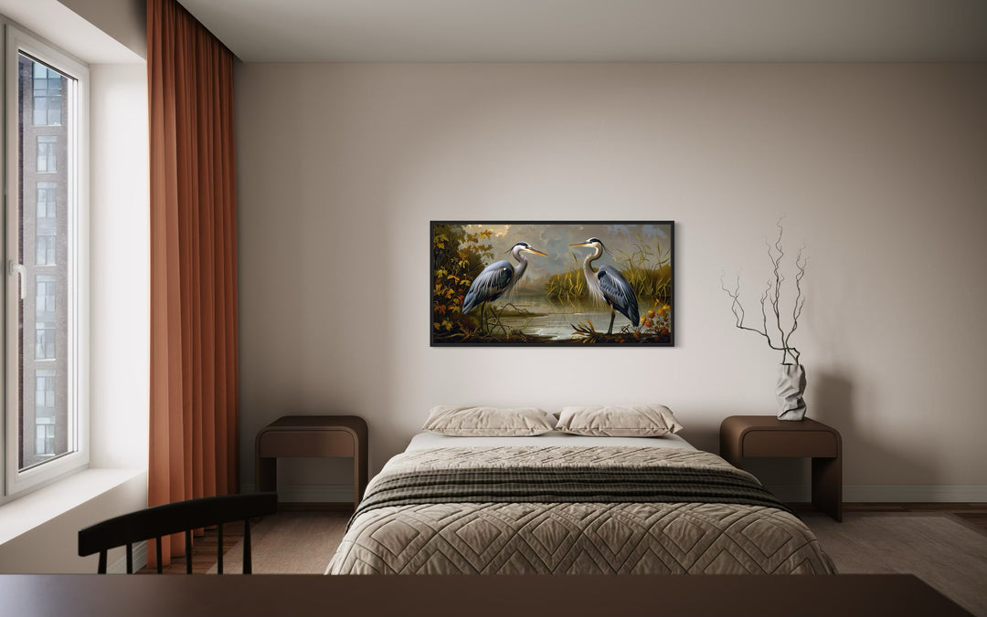 Two Blue Herons On The Lake Framed Canvas Wall Art