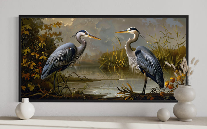 Two Blue Herons On The Lake Framed Canvas Wall Art