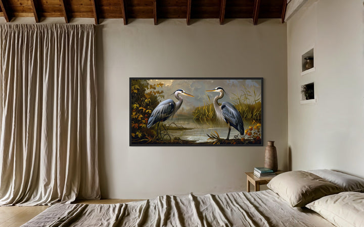 Two Blue Herons On The Lake Framed Canvas Wall Art