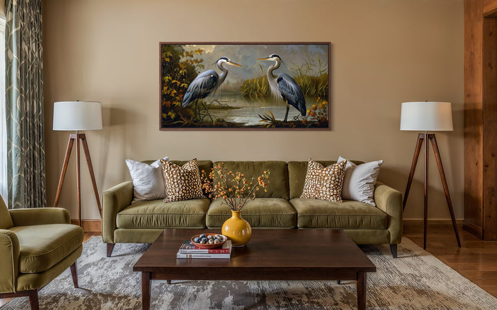 Two Blue Herons On The Lake Framed Canvas Wall Art