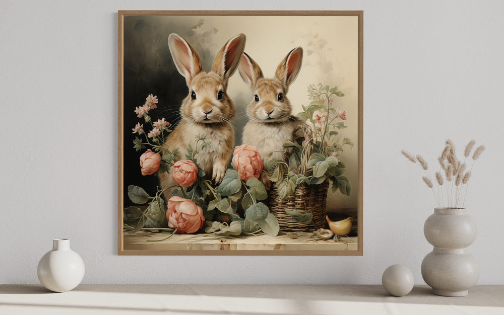 Two Bunnies And Flowers Vintage Painting Canvas Wall Art close up