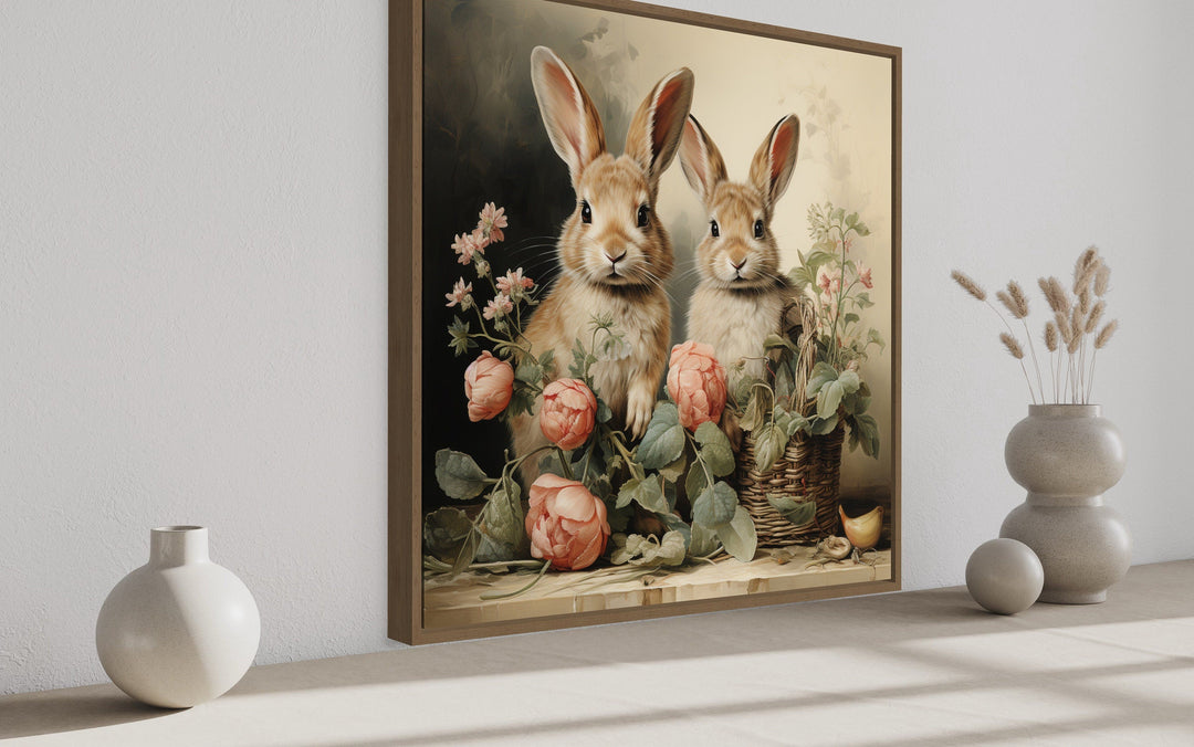 Two Bunnies And Flowers Vintage Painting Canvas Wall Art