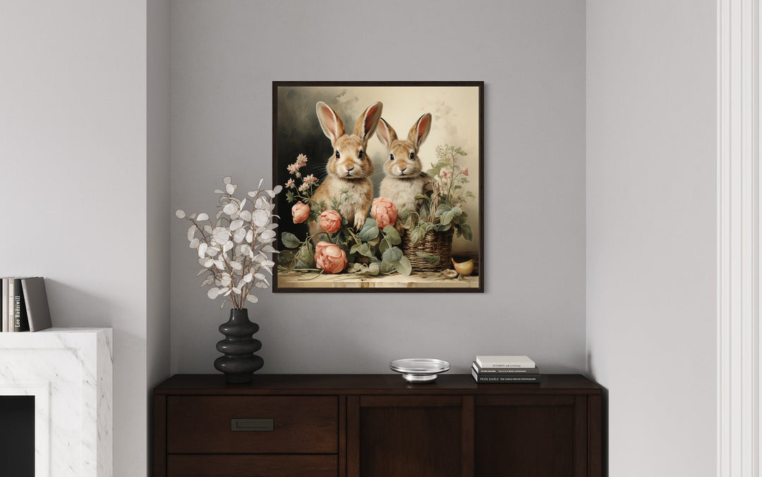 Farmhouse Wall Decor - Two Bunnies And Flowers Vintage Painting Canvas Wall Art