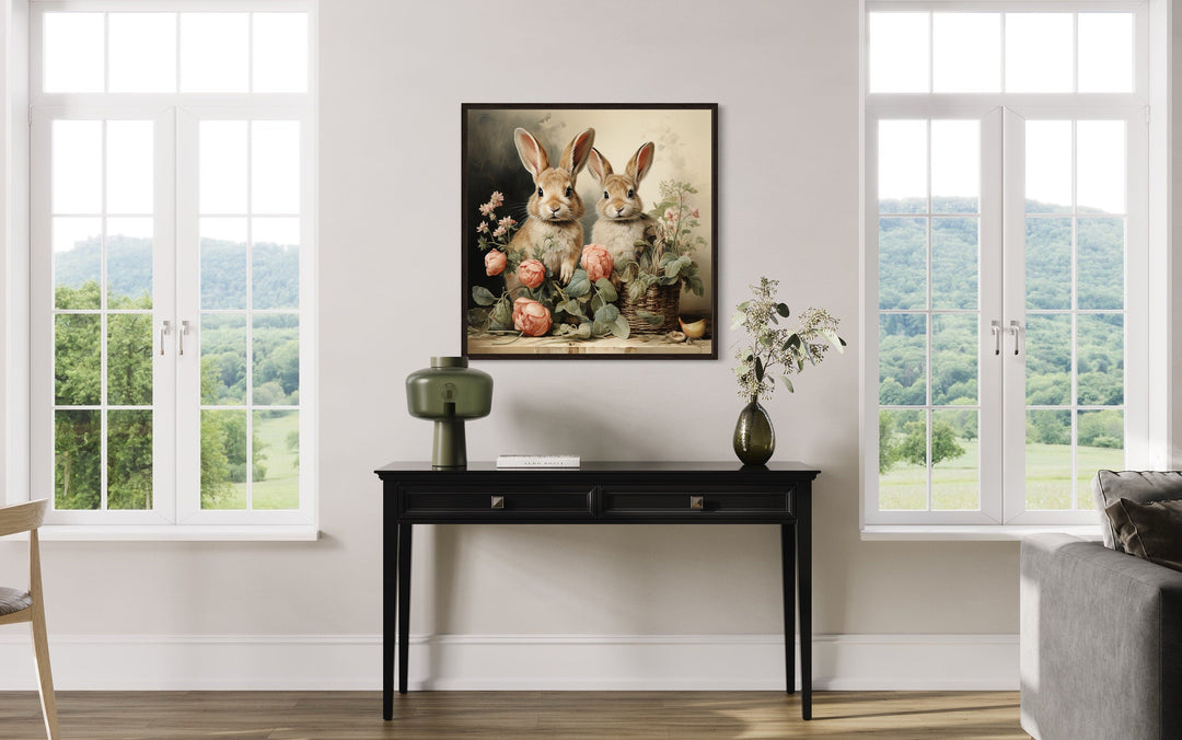 Two Bunnies And Flowers Vintage Painting Canvas Wall Art