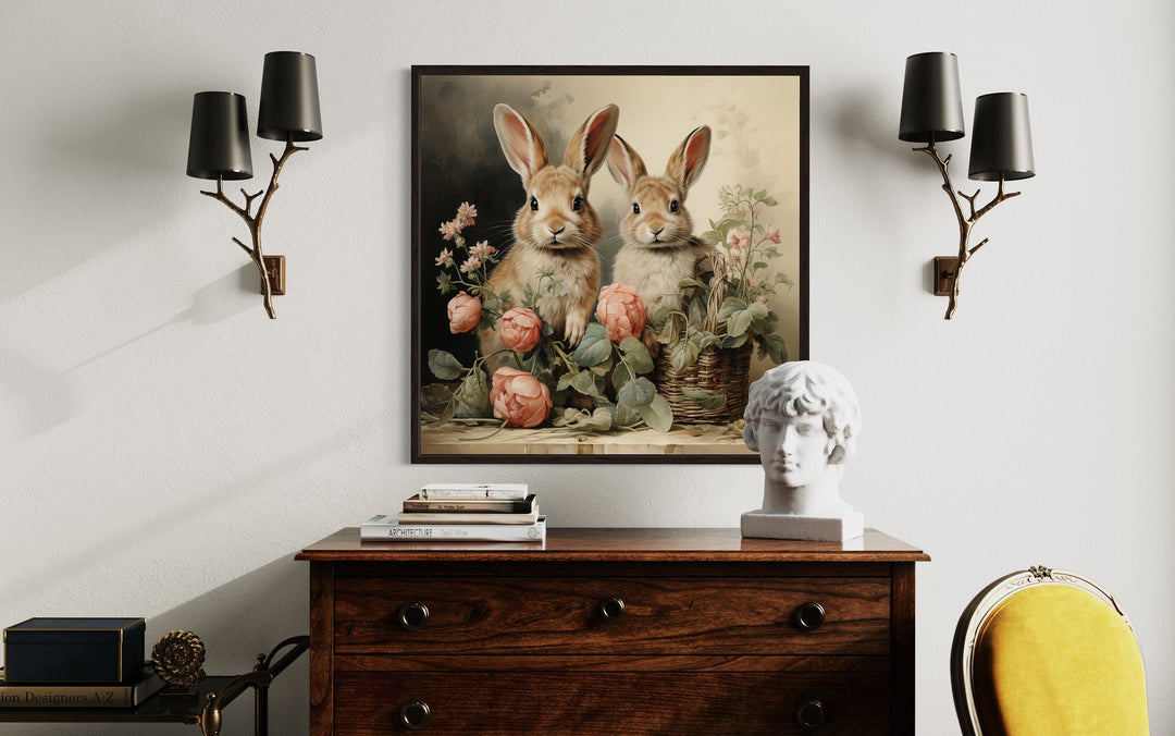 Two Bunnies And Flowers Vintage Painting Canvas Wall Art