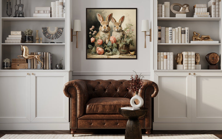 Farmhouse Wall Decor - Two Bunnies And Flowers Vintage Painting Canvas Wall Art