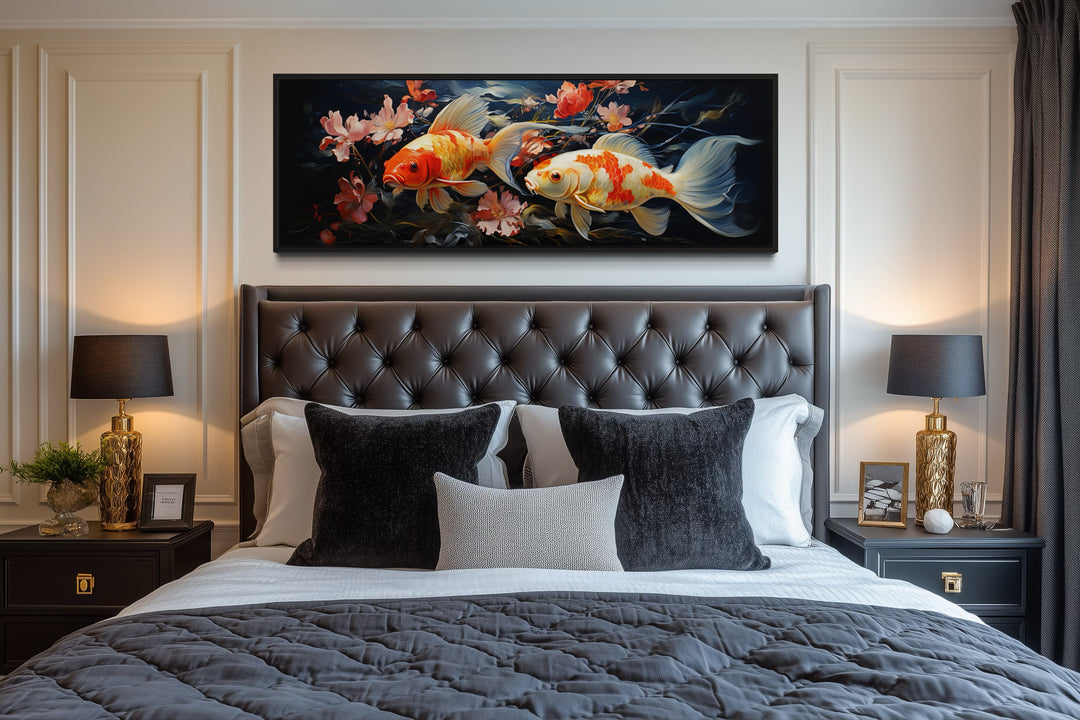 Two Koi Fish Long Horizontal Framed Canvas Wall Art