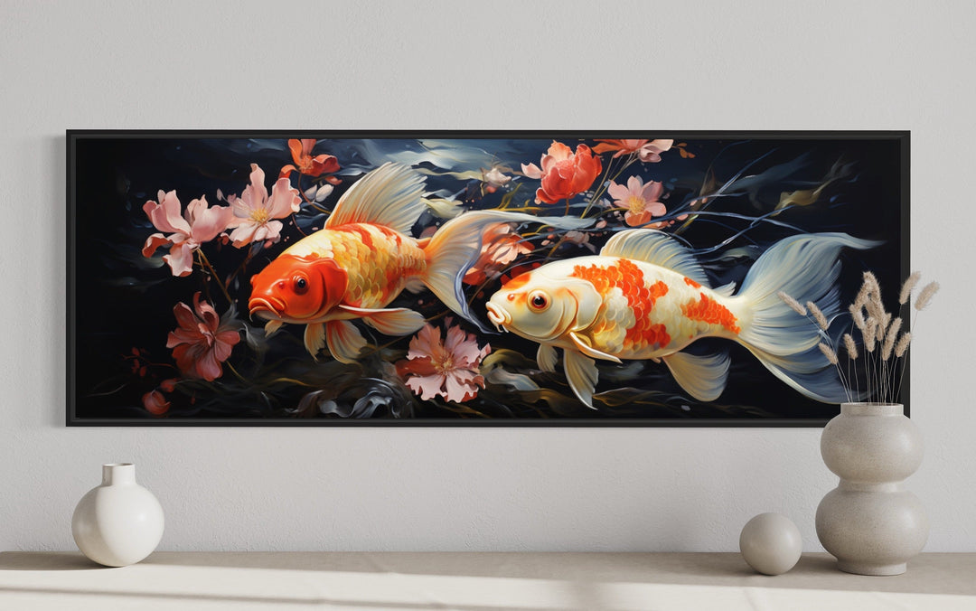 Two Koi Fish Long Horizontal Framed Canvas Wall Art