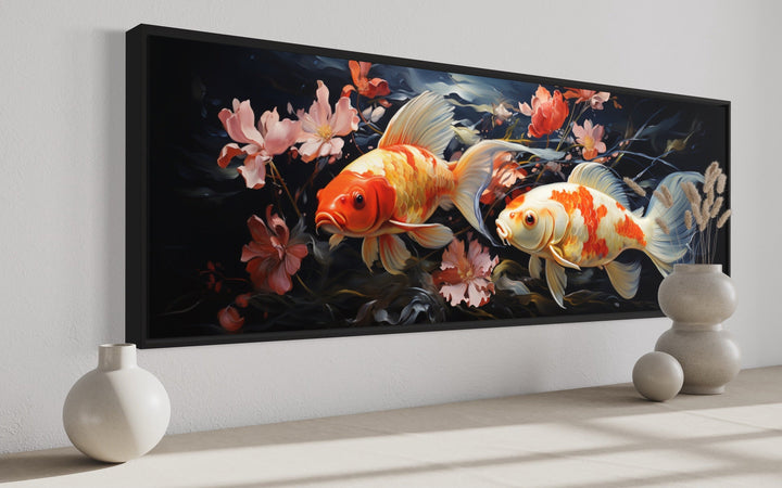 Two Koi Fish Long Horizontal Framed Canvas Wall Art