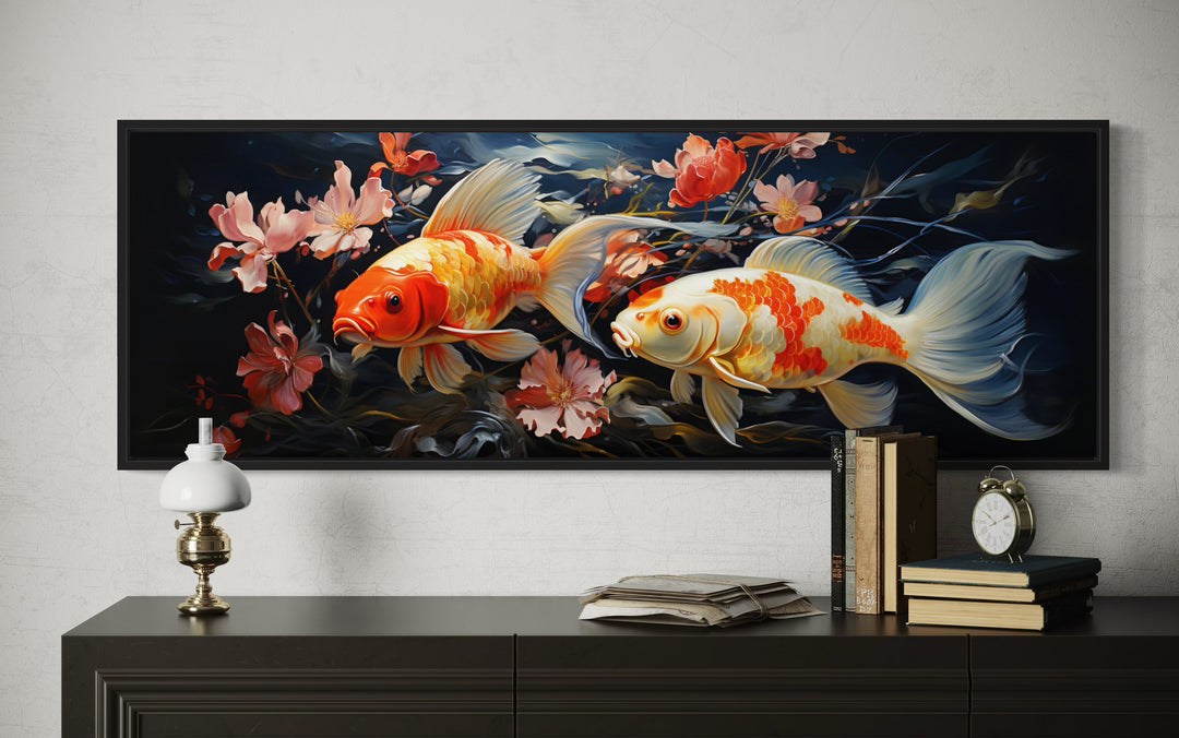 Two Koi Fish Long Horizontal Framed Canvas Wall Art