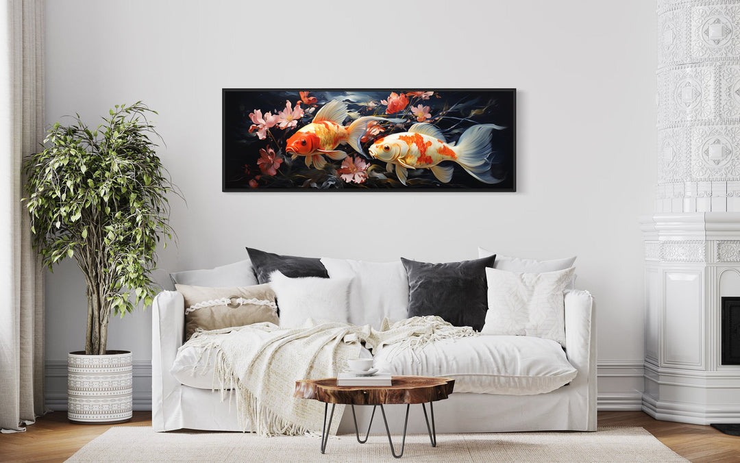 Two Koi Fish Long Horizontal Framed Canvas Wall Art