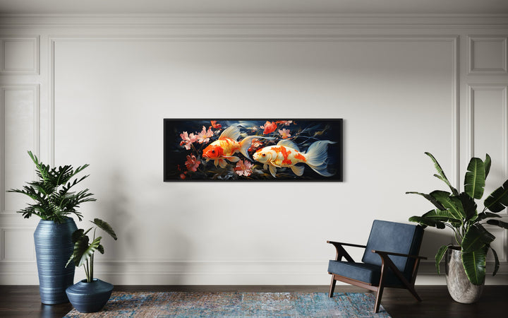 Two Koi Fish Long Horizontal Framed Canvas Wall Art