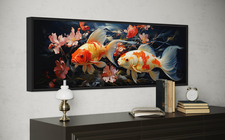 Two Koi Fish Long Horizontal Framed Canvas Wall Art