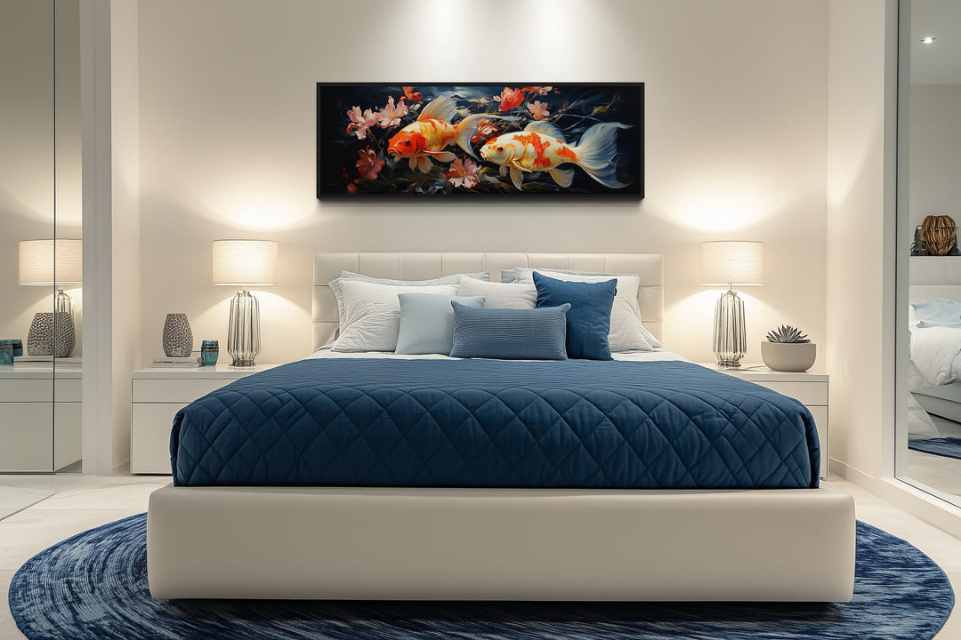 Two Koi Fish Long Horizontal Framed Canvas Wall Art