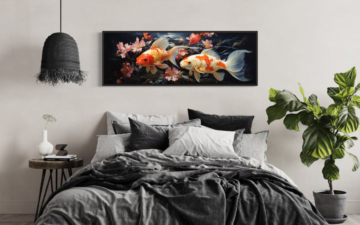 Two Koi Fish Long Horizontal Framed Canvas Wall Art