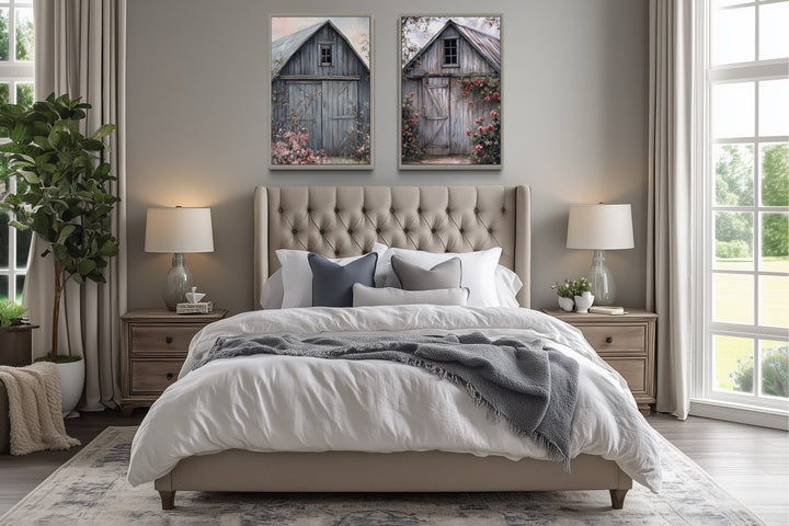 Two Old Rustic Grey Barn Doors Painting Farmhouse Canvas Wall Art