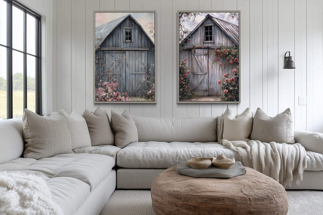 Two Old Rustic Grey Barn Doors Painting Farmhouse Canvas Wall Art