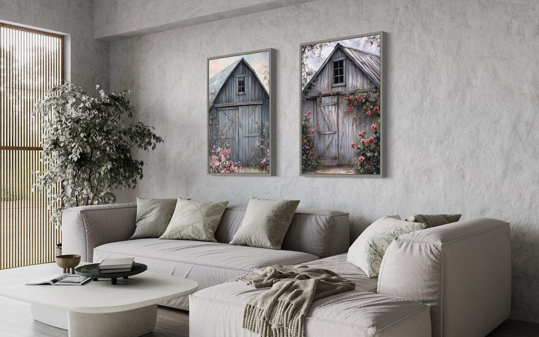 Two Old Rustic Grey Barn Doors Painting Farmhouse Canvas Wall Art