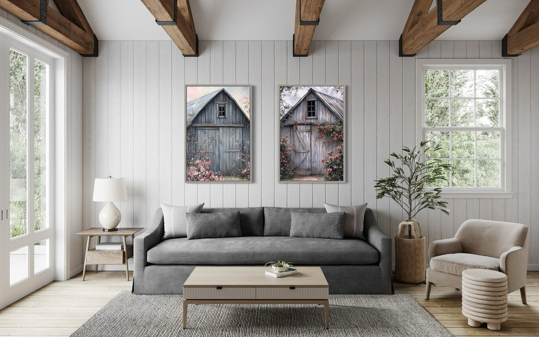 Two Old Rustic Grey Barn Doors Painting Farmhouse Canvas Wall Art