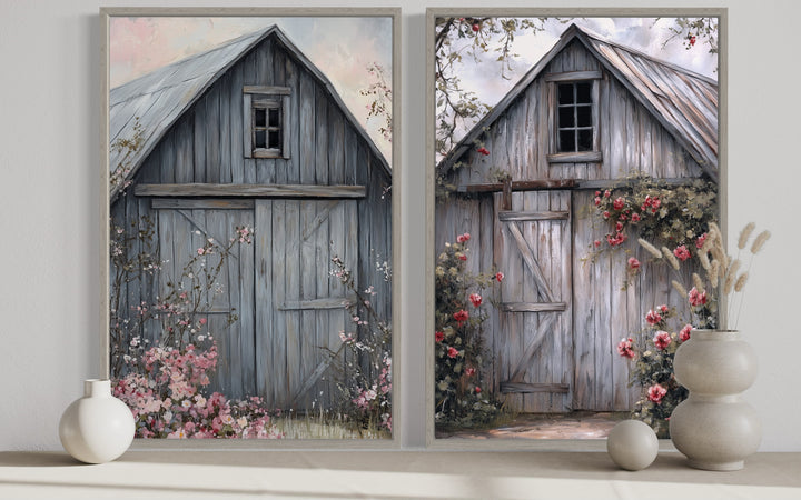 Two Old Rustic Grey Barn Doors Painting Farmhouse Canvas Wall Art