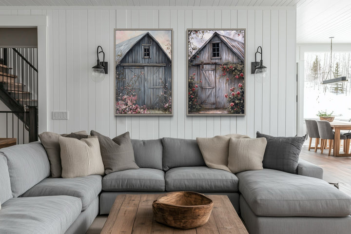 Two Old Rustic Grey Barn Doors Painting Farmhouse Canvas Wall Art