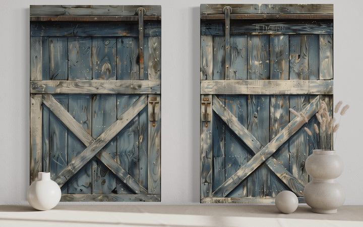 Two Old Rustic Grey Blue Barn Doors Painting Farmhouse Canvas Wall Art