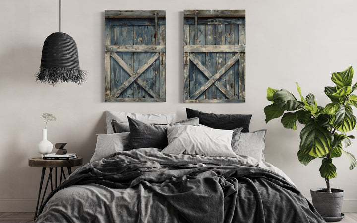 Two Old Rustic Grey Blue Barn Doors Painting Farmhouse Canvas Wall Art