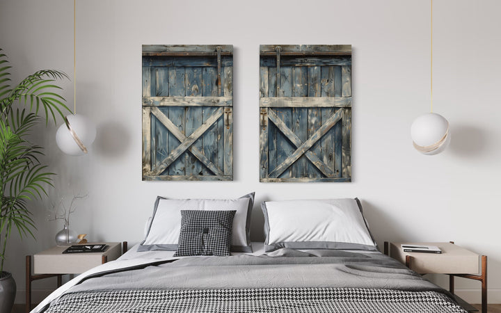 Two Old Rustic Grey Blue Barn Doors Painting Farmhouse Canvas Wall Art