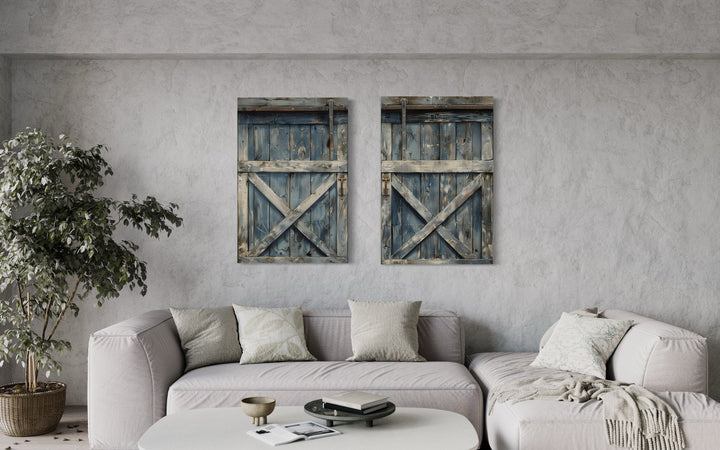 Two Old Rustic Grey Blue Barn Doors Painting Farmhouse Canvas Wall Art