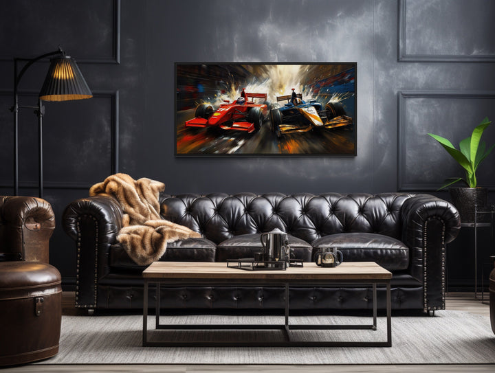 Two Race Cars On Race Track Graffiti Abstract Painting Framed Canvas Wall Art