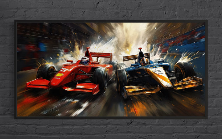 Two Race Cars On Race Track Graffiti Abstract Painting Framed Canvas Wall Art