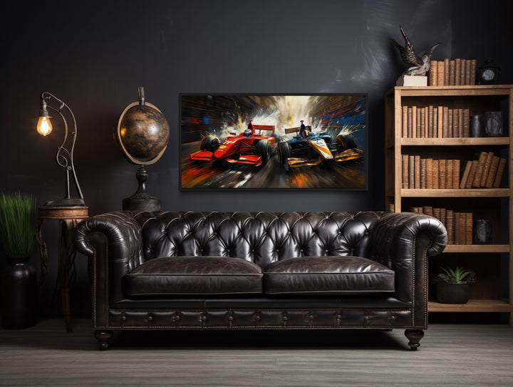 Two Race Cars On Race Track Graffiti Abstract Painting Framed Canvas Wall Art