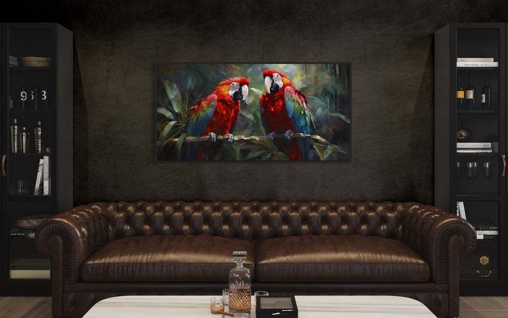 Two Red Macaw Parrots In Tropical Rainforest Framed Canvas Wall Art