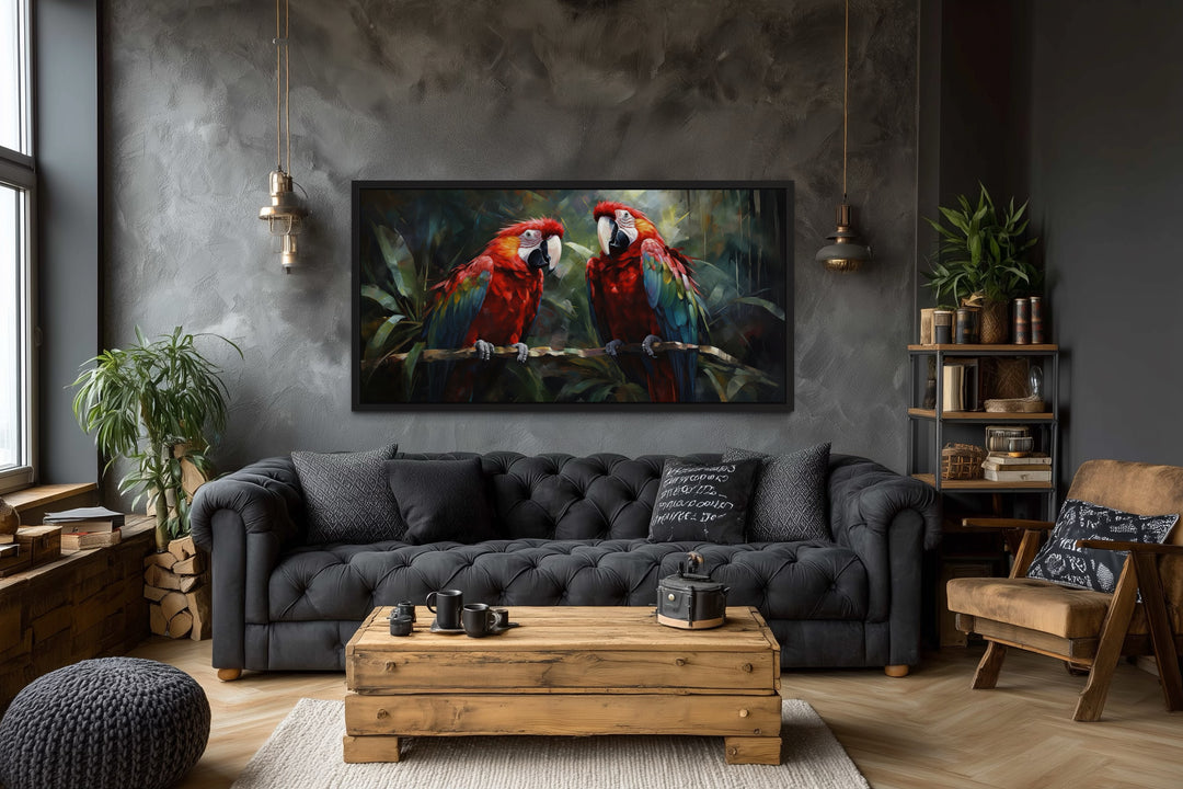 Two Red Macaw Parrots In Tropical Rainforest Framed Canvas Wall Art